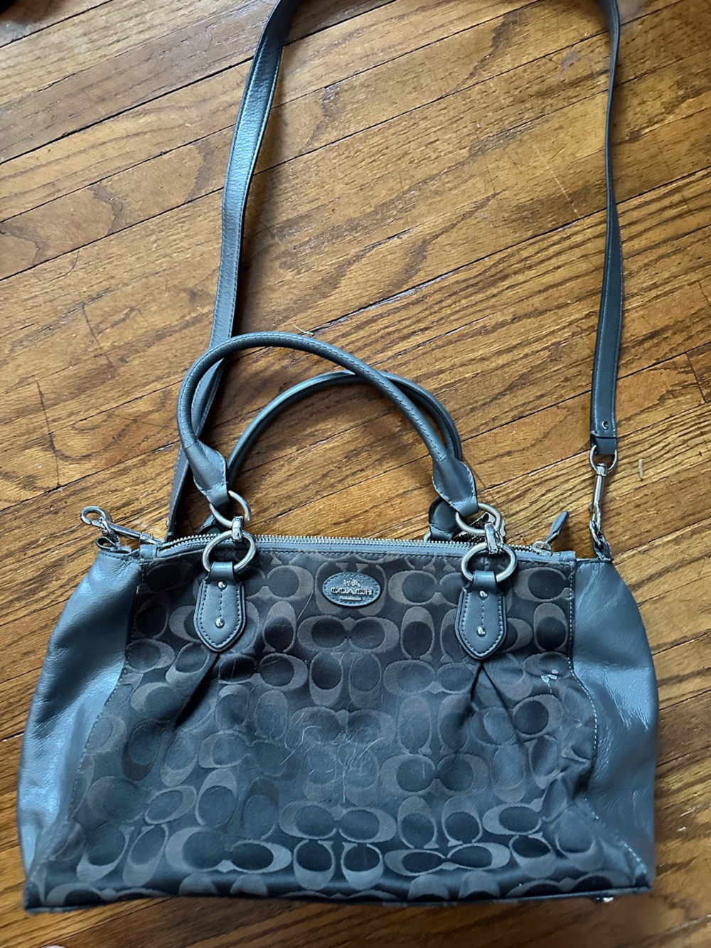 Coach Black Signature Canvas Shoulder Bag with Leather Trim